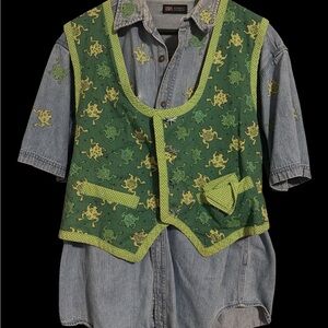 Faded Glory Light Blue Denim Shirt with Green Frog Design